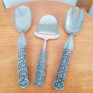 Pewter Serving Utensils "Old Norse" Pattern Salad Spoon Fork Cheese Slicer 3 PC